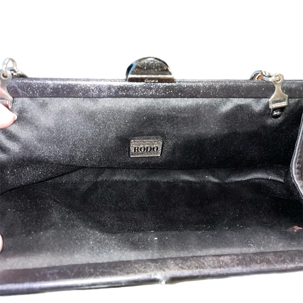 RODO Vintage Black Pleated Leather Clutch Bag with Chain Strap P9